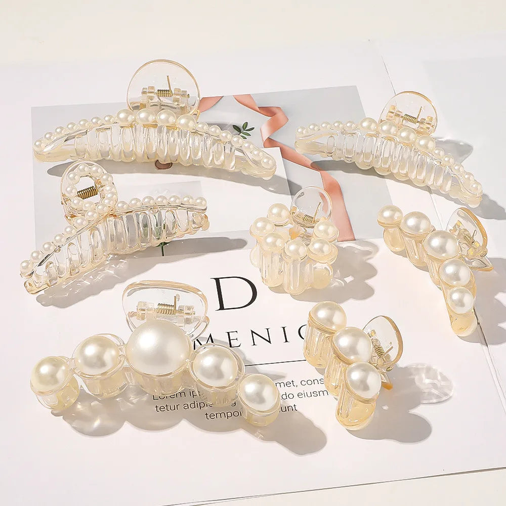 Jachon Simple Elegant Pearl Hair Claw Clips Clear Transparent Acrylic Pearl Claw Clamps for Women Girls Ladies