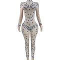 Fashion Show Elegant Long Sleeve Rhinestone Diamond Bodysuit Evening Sexy Party Dresses Woman Outfit Jumpsuit