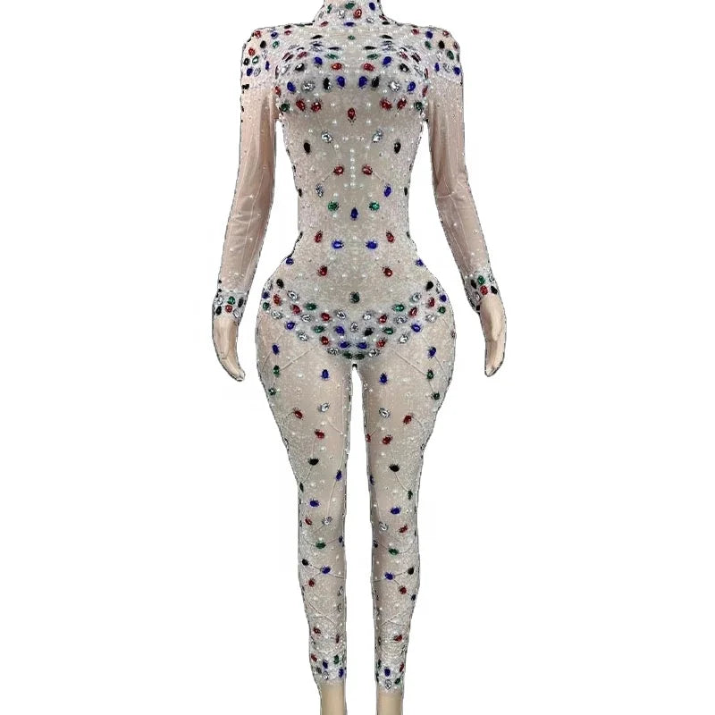 Fashion Show Elegant Long Sleeve Rhinestone Diamond Bodysuit Evening Sexy Party Dresses Woman Outfit Jumpsuit