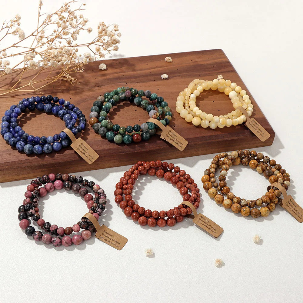 Ladies Men Anxiety Black Agate Stone Crystal Beads Brown tiger Eye Blue Lapis Design Everyday Bracelet for Women 3pcs Pack