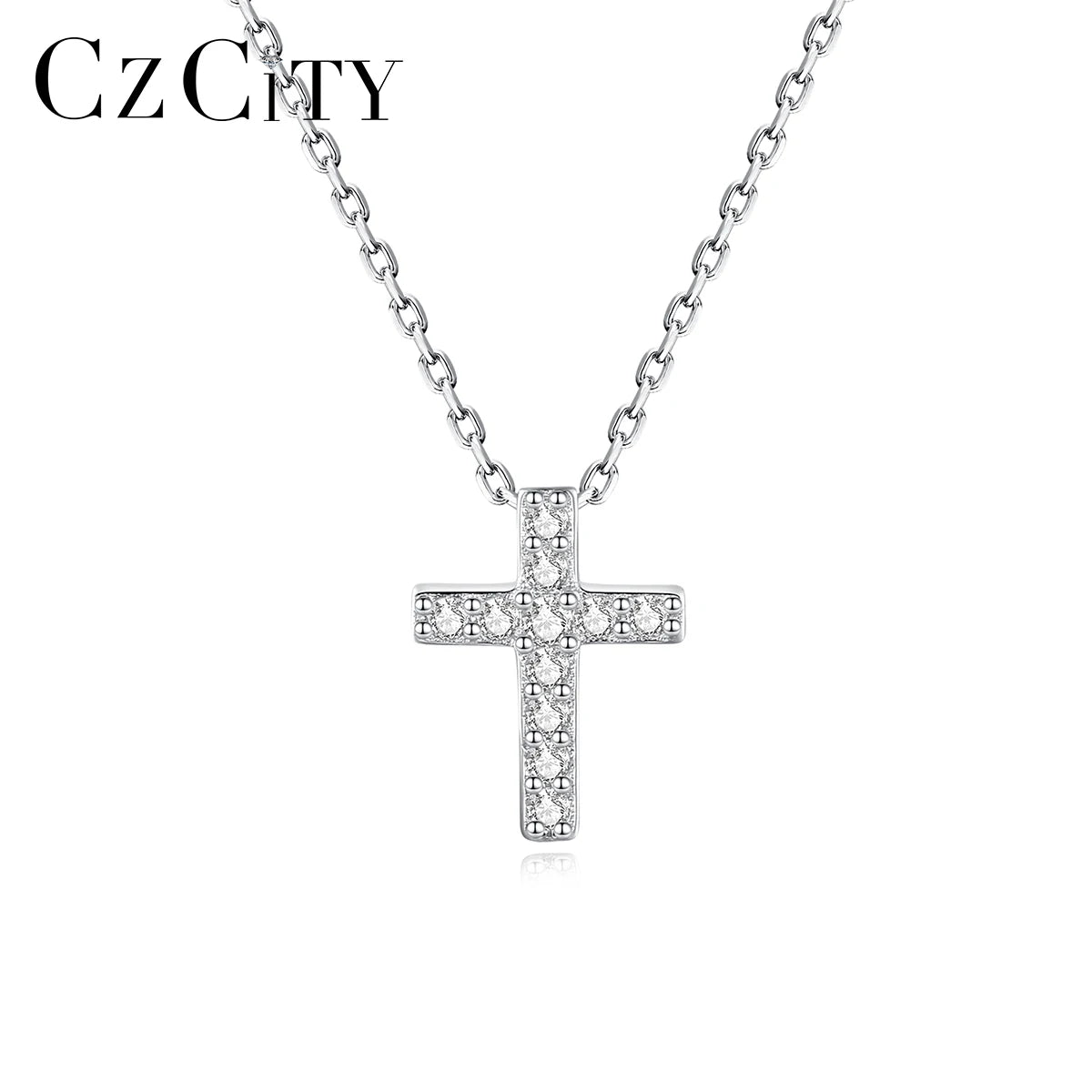CZCITY 925 Sterling Silver Link Chain Rhodium Plated Little Small Punk Cubic Zirconia CZ Cross Pendants