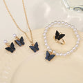 4 Pieces Butterfly Jewelry Set Pink White Black Acrylic Charm Pearl Chain Girl Cute Women Necklace Bracelet Ring Earring Set