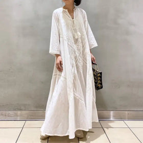 Maining V Neck Long Sleeve Casual Loose Maxi Embroidery Linen Dress Bohemian Womens Linen Long Dress