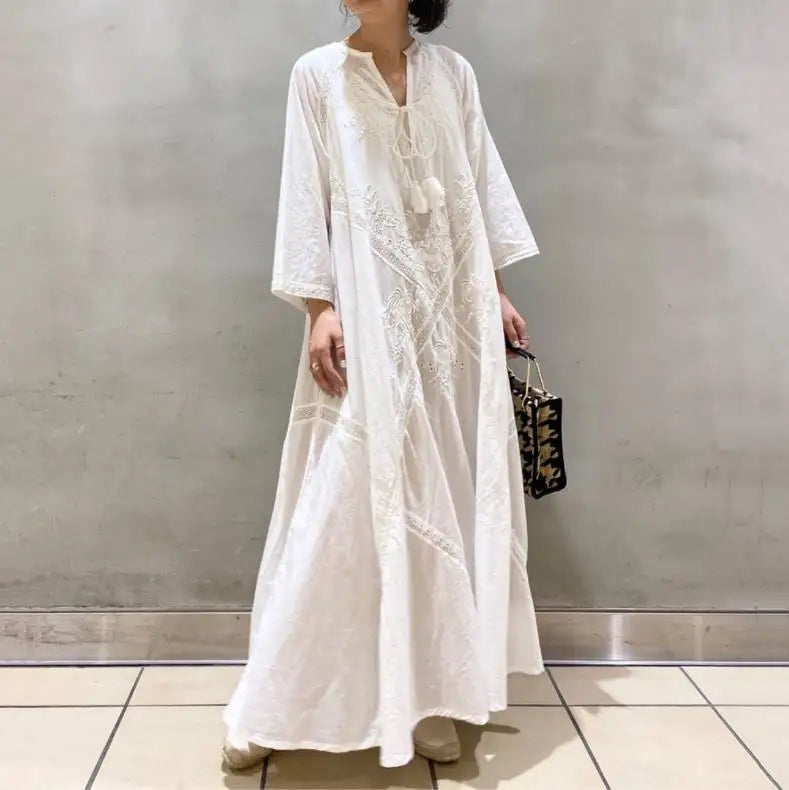 Maining V Neck Long Sleeve Casual Loose Maxi Embroidery Linen Dress Bohemian Womens Linen Long Dress