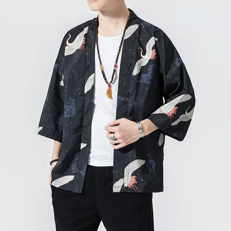 M-5XL Chinese Style Loose Fitting Tang Suit Men's Large Size 7/4 Sleeved Hanfu Cape Cardigan Jacket