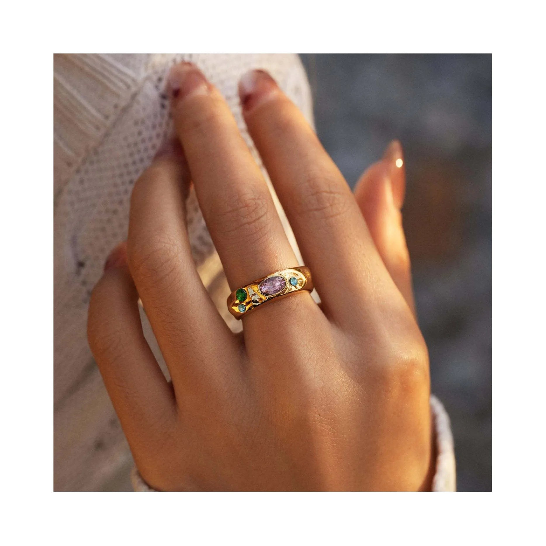 ERESI Wholesale New Trendy Waterproof 18k Gold Stainless Steel Ring Fashionable Inlaid Colorful Zircon Jewelry for Ladies