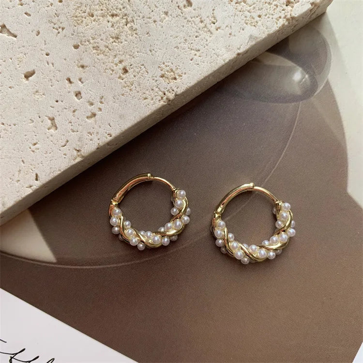 QS675 Women 925 Sterling Silver Tiny Imitation Pearl Beads Earrings Cuff Hoop Earrings