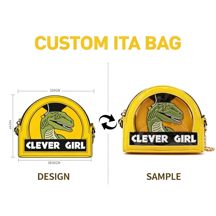 Customize Your Own Designed Dinosaur Ita Bag with Transparent Windows and Irregular Shaped Embroidered Printed Ita Handbag