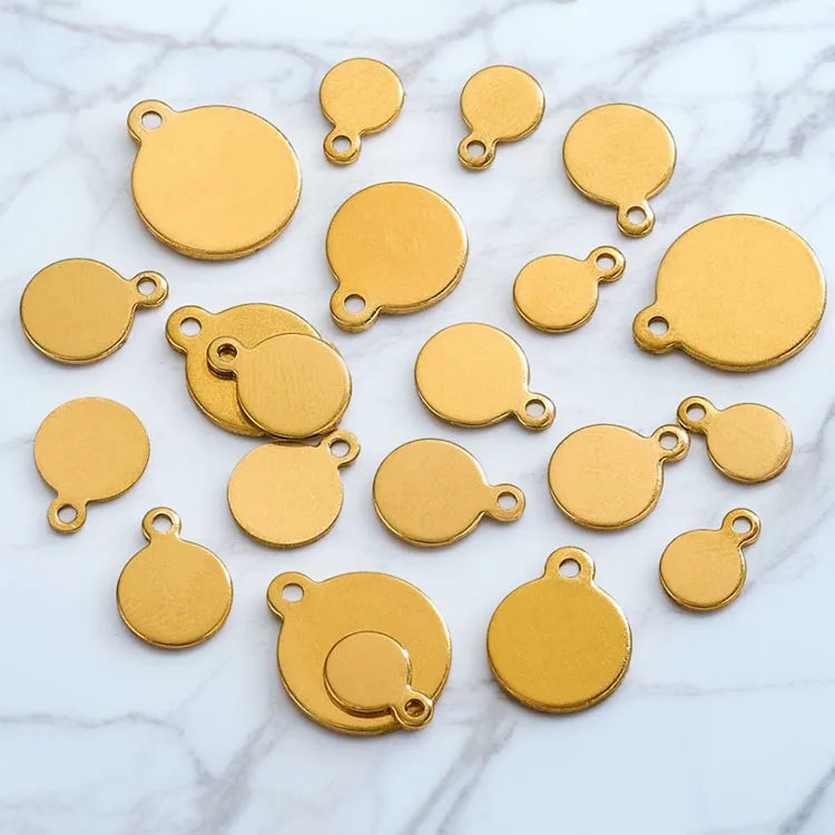 SP4055   Custom Engraved Gold Plated Stainless Steel Logo Round Disc TagS Charm Pendants