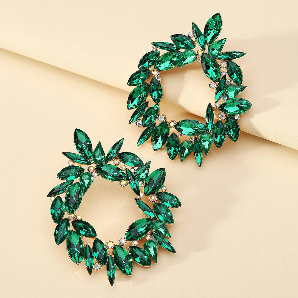Kaimei 2022 Earring 6 Colors Fashion Crystal Metal Hollow Round Earrings for Women Trend Geometric Emerald Green Dangle Earrings