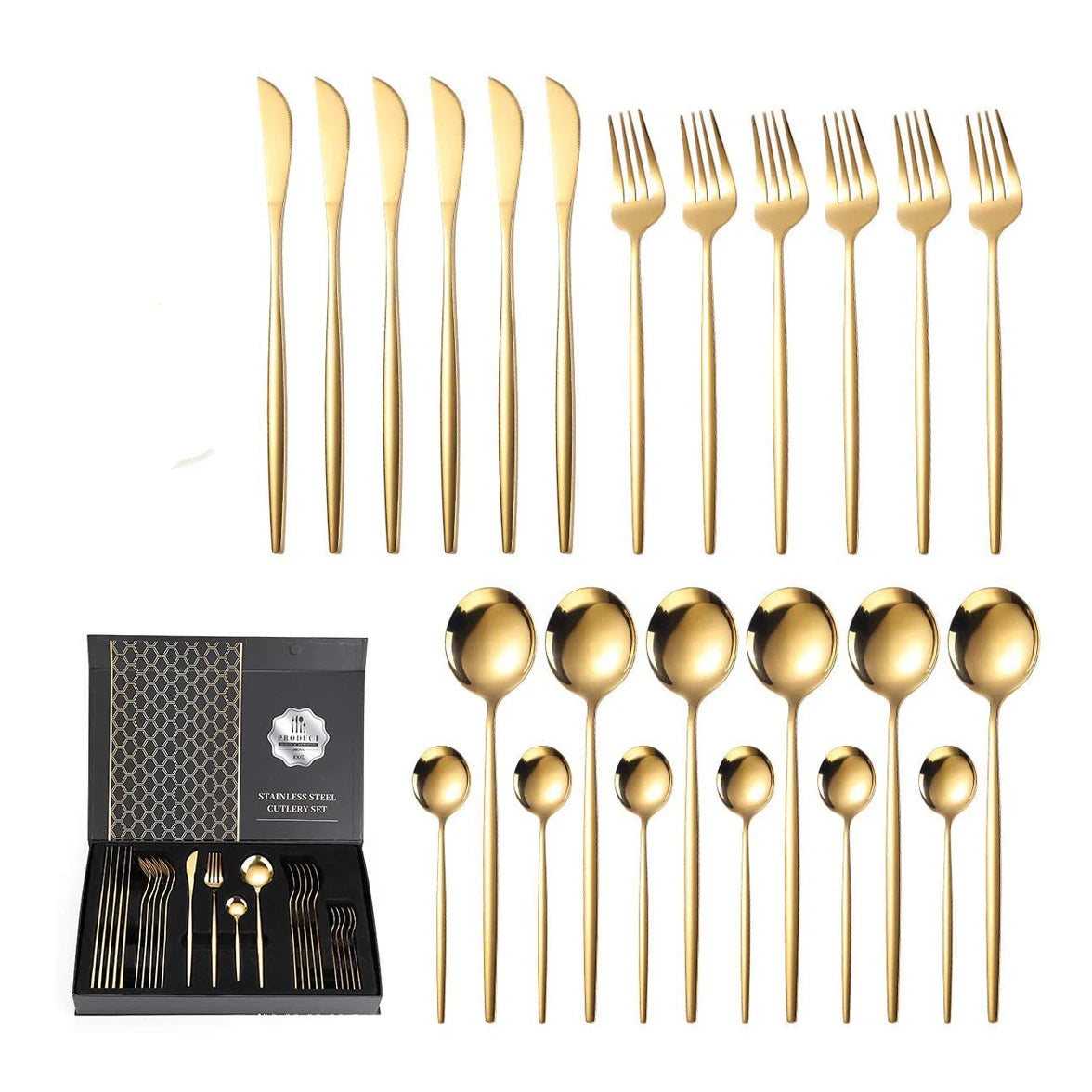 24pcs Gold Black Spoon Fork Dessert Fork Gold Cutlery Set Stainless Steel Golden Flatware Sets