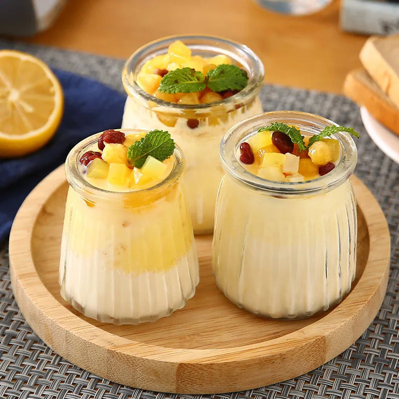 Custom Logo Stripes Mini Glass Yogurt Bottle Pudding Jars Container With Plastic Lid