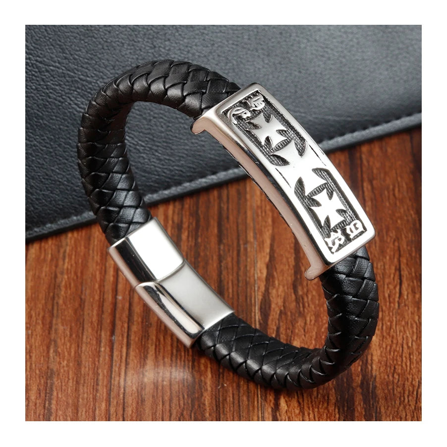 Vintage Punk Stainless Steel Cross Leather Bracelet with Magnetic Clasp Men's Religious Jesus Christian Jewelry Gift