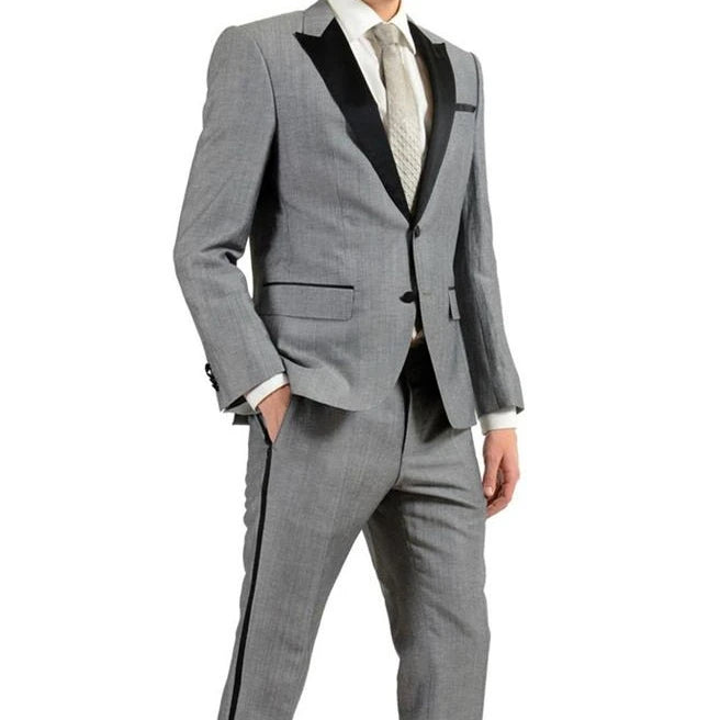 Light Grey Groomsmen Peaked Black Lapel Groom Tuxedos Men Suits Wedding/Prom/Dinner Best Man Blazer ( Jacket+Pants)