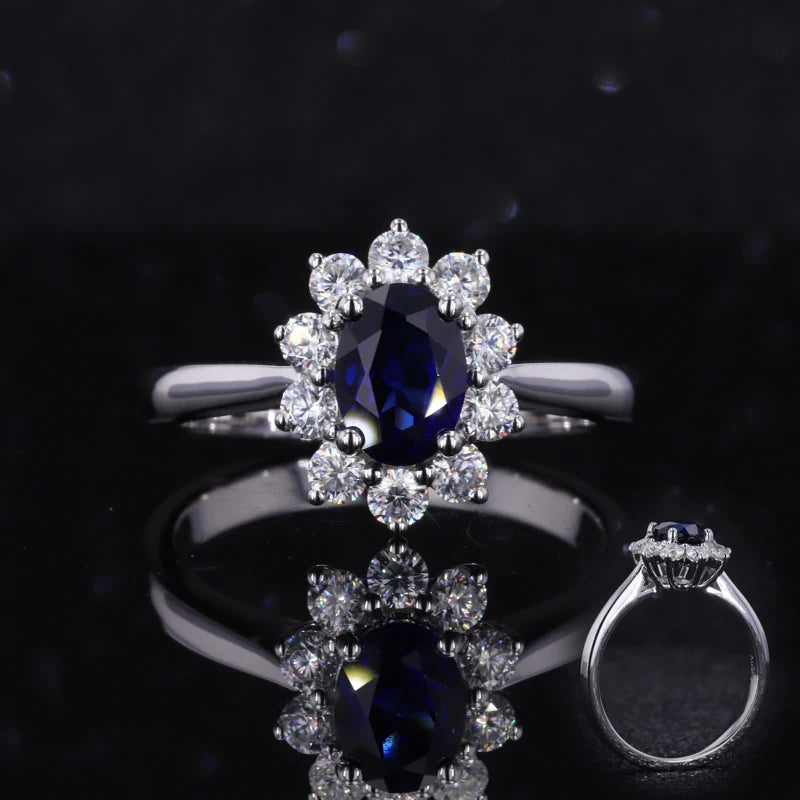 Hot Sale Lab Grown Sapphire Blue 14k Gold Engagement Ring with halo Lab Grown Diamond