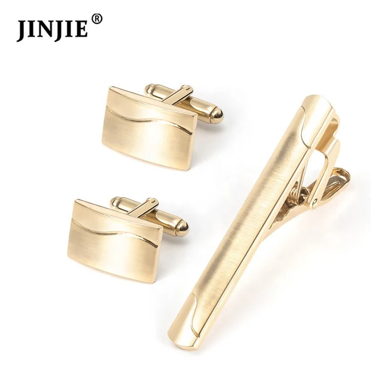Accept Custom French Rectangle Gold Plated Copper Metal Cufflinks Tie Clip Set for Men Gift