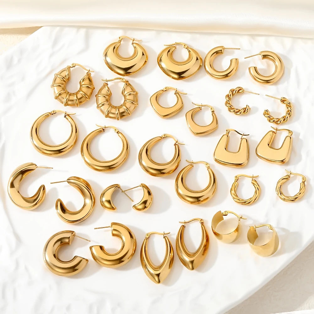Top Quality Women 18k Gold Plated Stainless Steel Hoop Earrings Hypoallergenic Jewelry Screw Twisted C-shape Steel Earrings