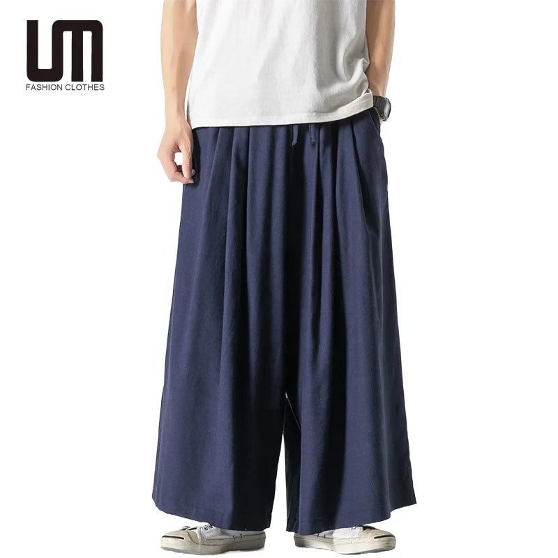 Liu Ming Custom Printed Men's Vintage Summer Streetwear 2025 Casual Loose Cotton Linen Trousers with Wide Leg