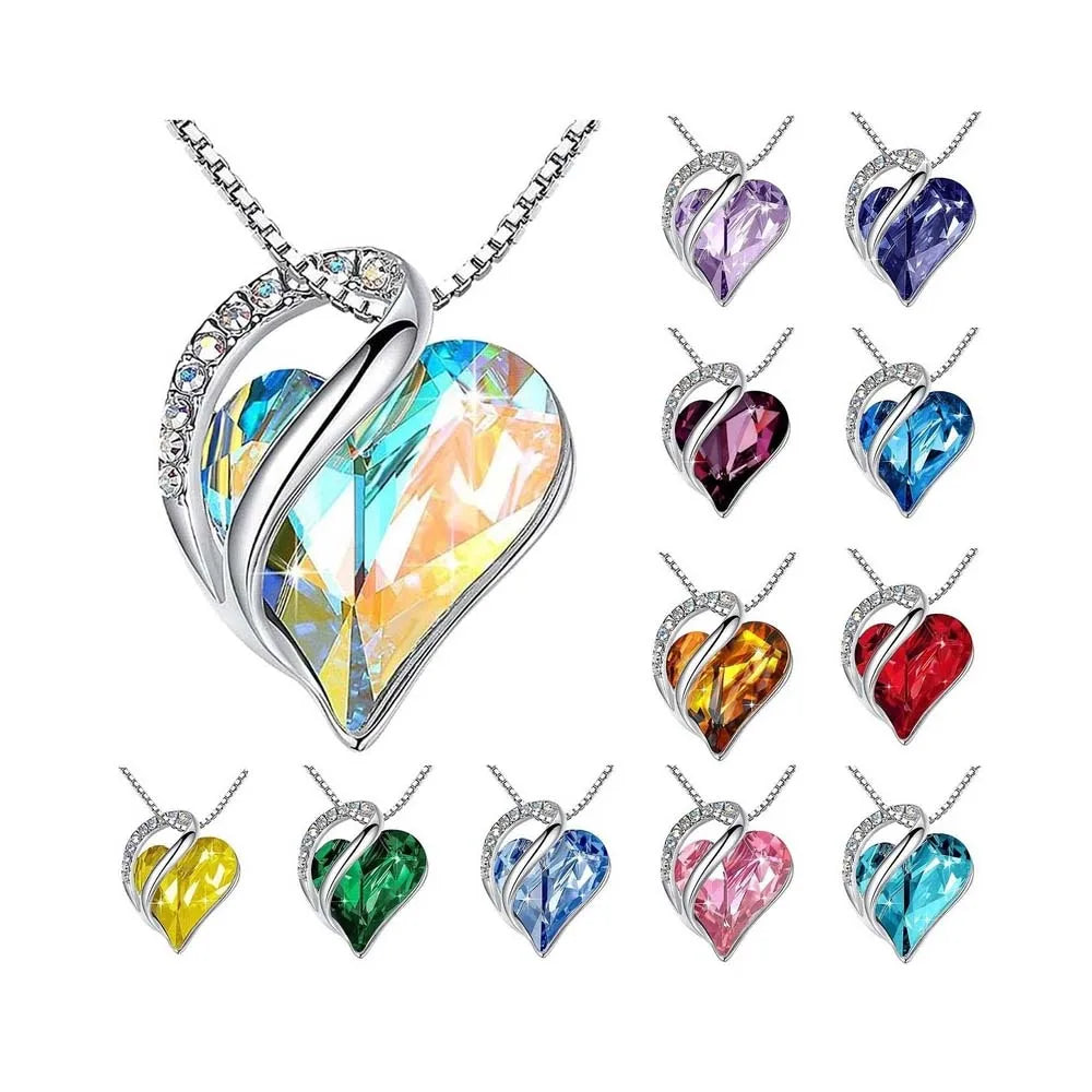 Classic 12 Months Heart of the Ocean Necklace White Gold Plated Love Heart Shape Crystal Birthstone Necklace for Valentines Day