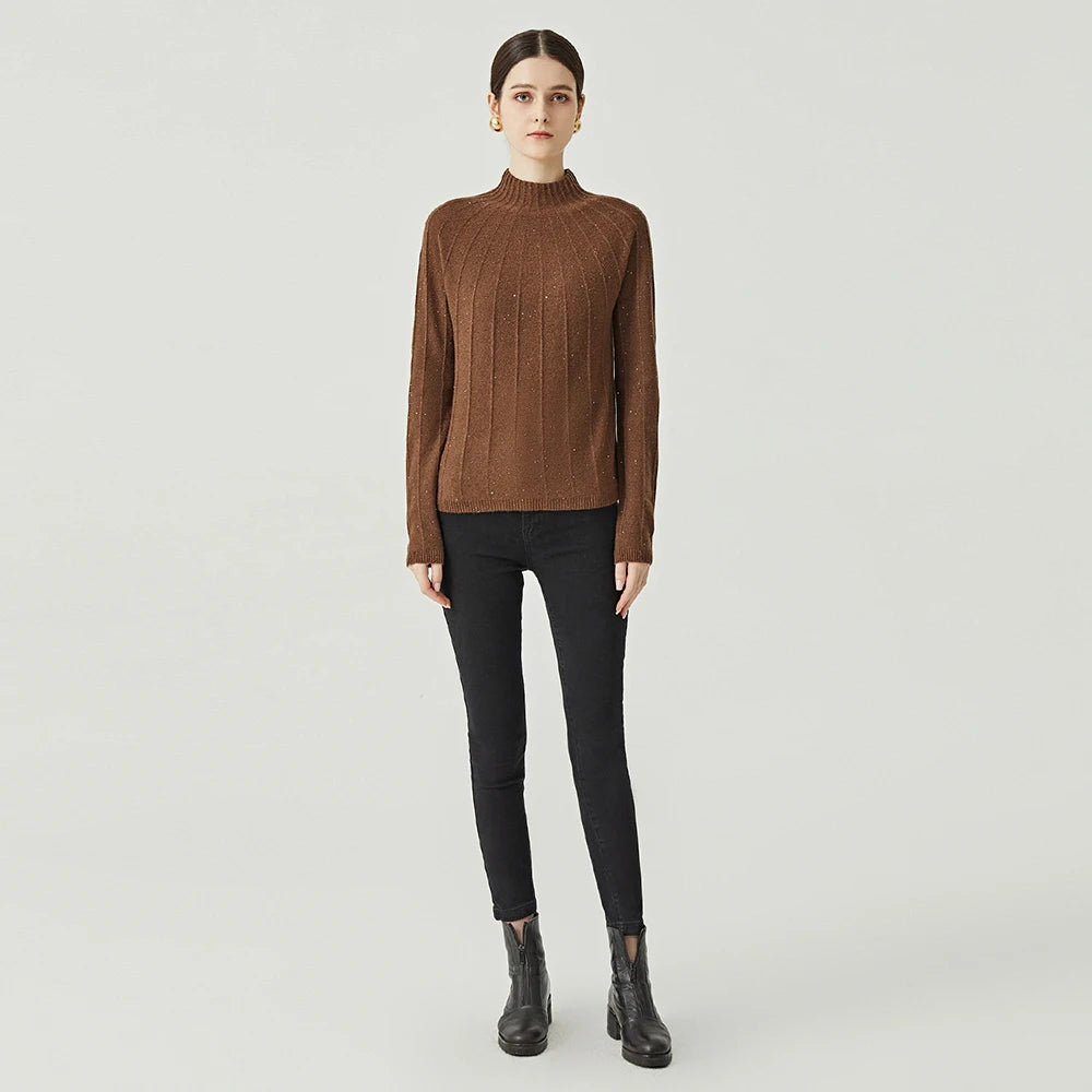 High Quality Winter Shining Thread Weave Solid Color Round Collar Pullover  Basic Long Sleeve 100% Wool Sweater for Woman