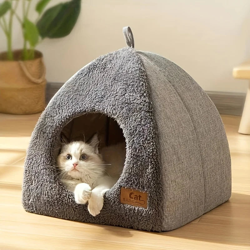 Cozy Modern Solid Pattern Semi-Enclosed Plush Cat Cave Soft Comfortable Warm Bed for Cats and Small Dogs for Summer and Winter