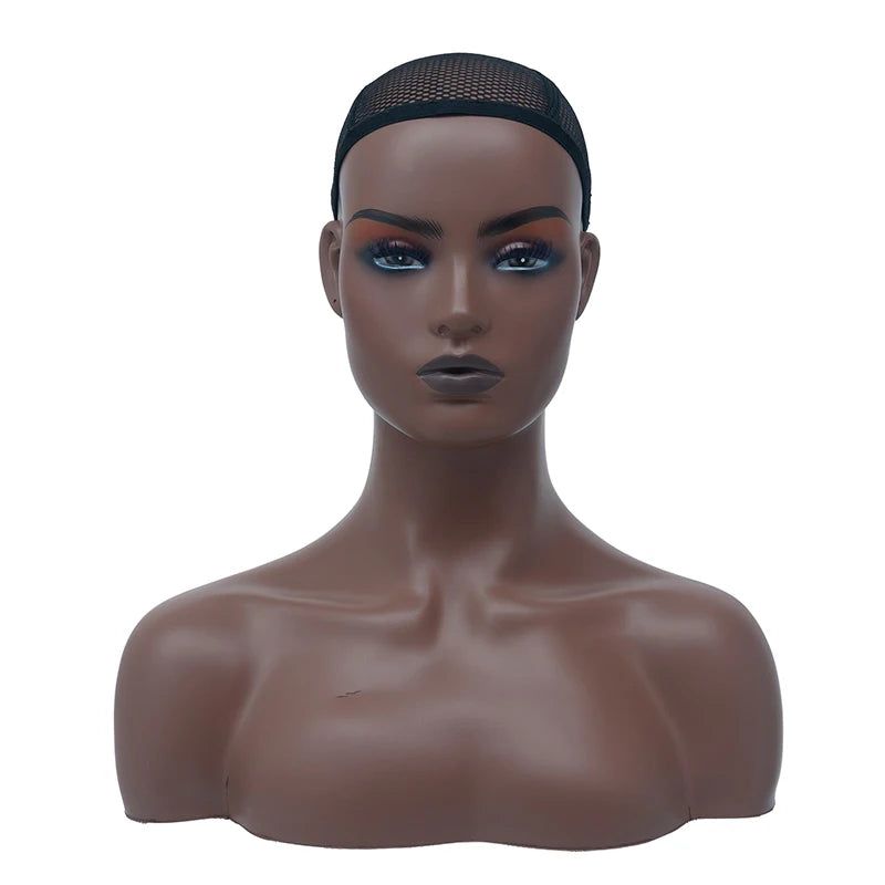 Wholesale Realistic Female Wig Display With Shoulder Hair Makeup Smiling Fiberglass Human Male African American Mannequin Head