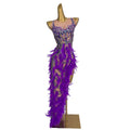 Purple Rhinestone Prom Long Dress Drag Queen Festival Outfit Show Dance Stage Performance Wear Women Feather Club Party Dress