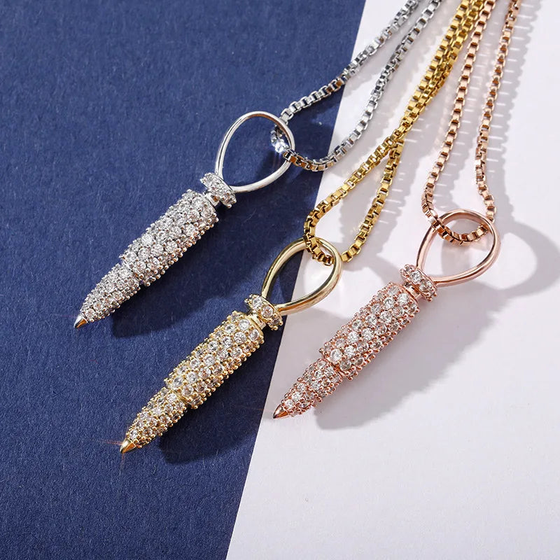 Hip Hop Jewelry 925 Sterling Silver Cubic Zirconia Cz Bullet Pendant Necklace Men