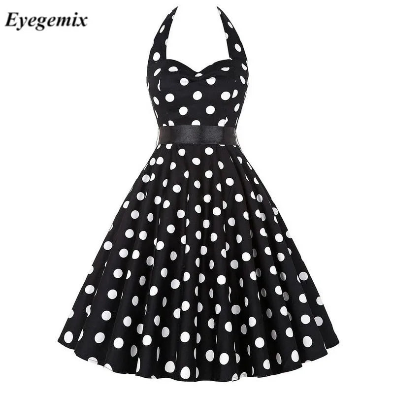 Halter Polka Dot Dress Retro Floral Hepburn Vintage 50s 60s Pin up Rockabilly Dresses Robe Valentines Day Party Dress