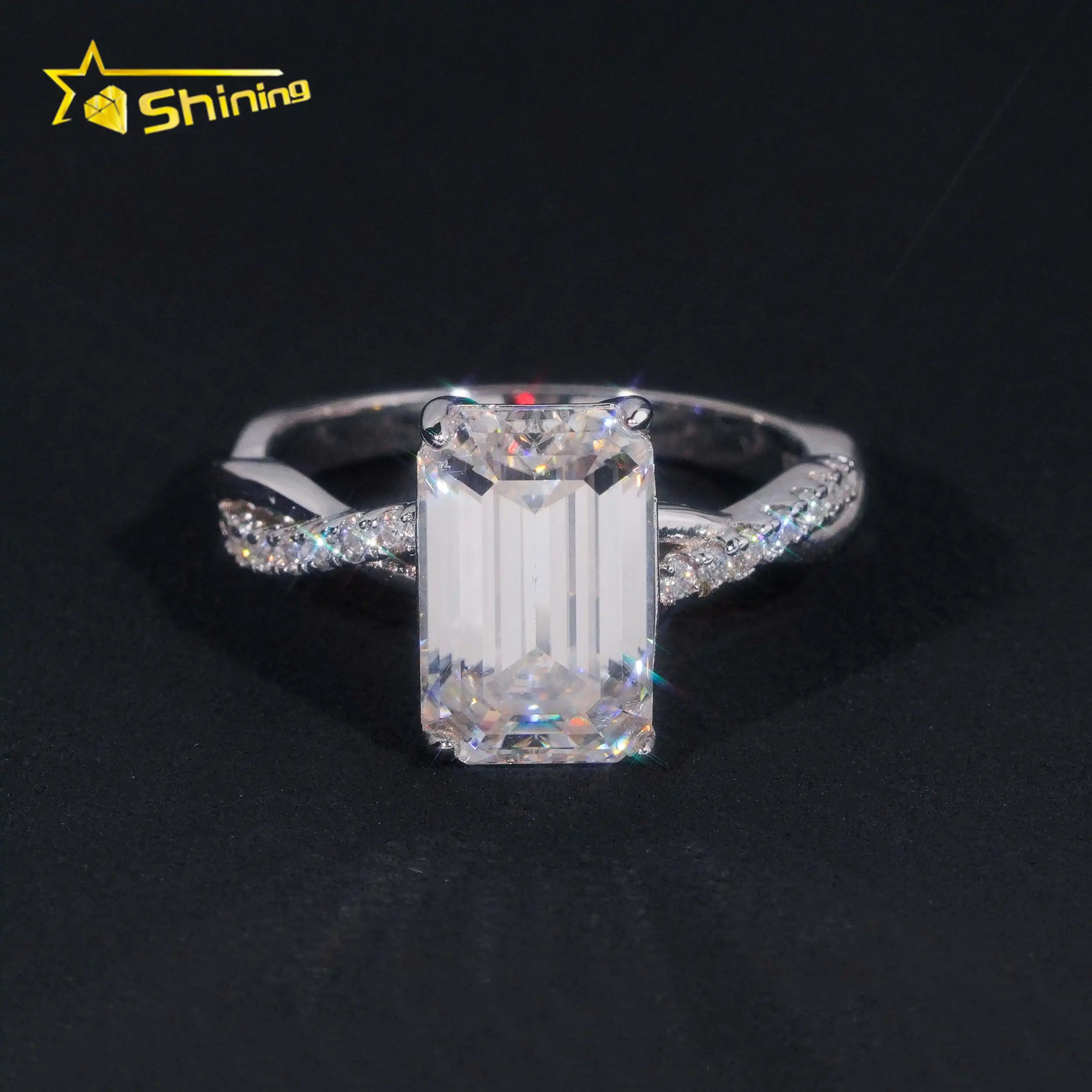Fine Jewelry 925 Silver Ring Trendy D VVS Emerald Cut Moissanite Diamond Ring Custom Wedding Rings for Women
