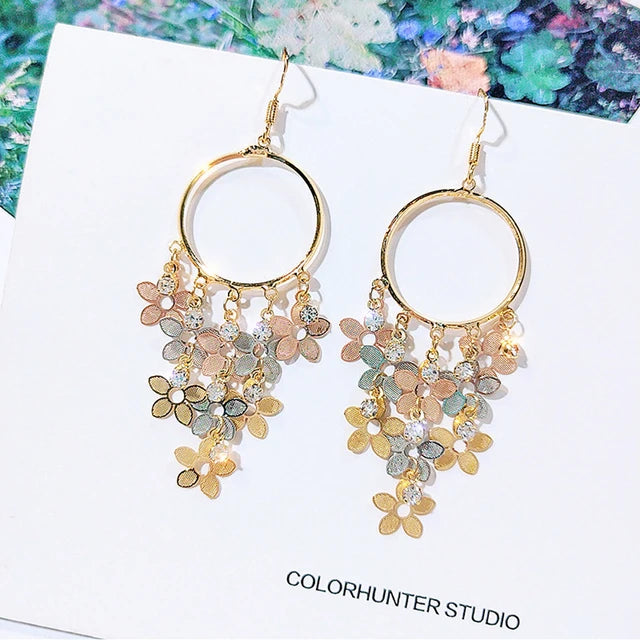 Fashion High Quality Tassel Indian Drop Retro Flower Silver Color Earrings for Women