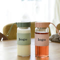 Custom Logo Clear Borosilicate Glass Tumbler Luxury Leather Sleeve Leak Proof BPA Free Portable Infuser Microwave Safe for