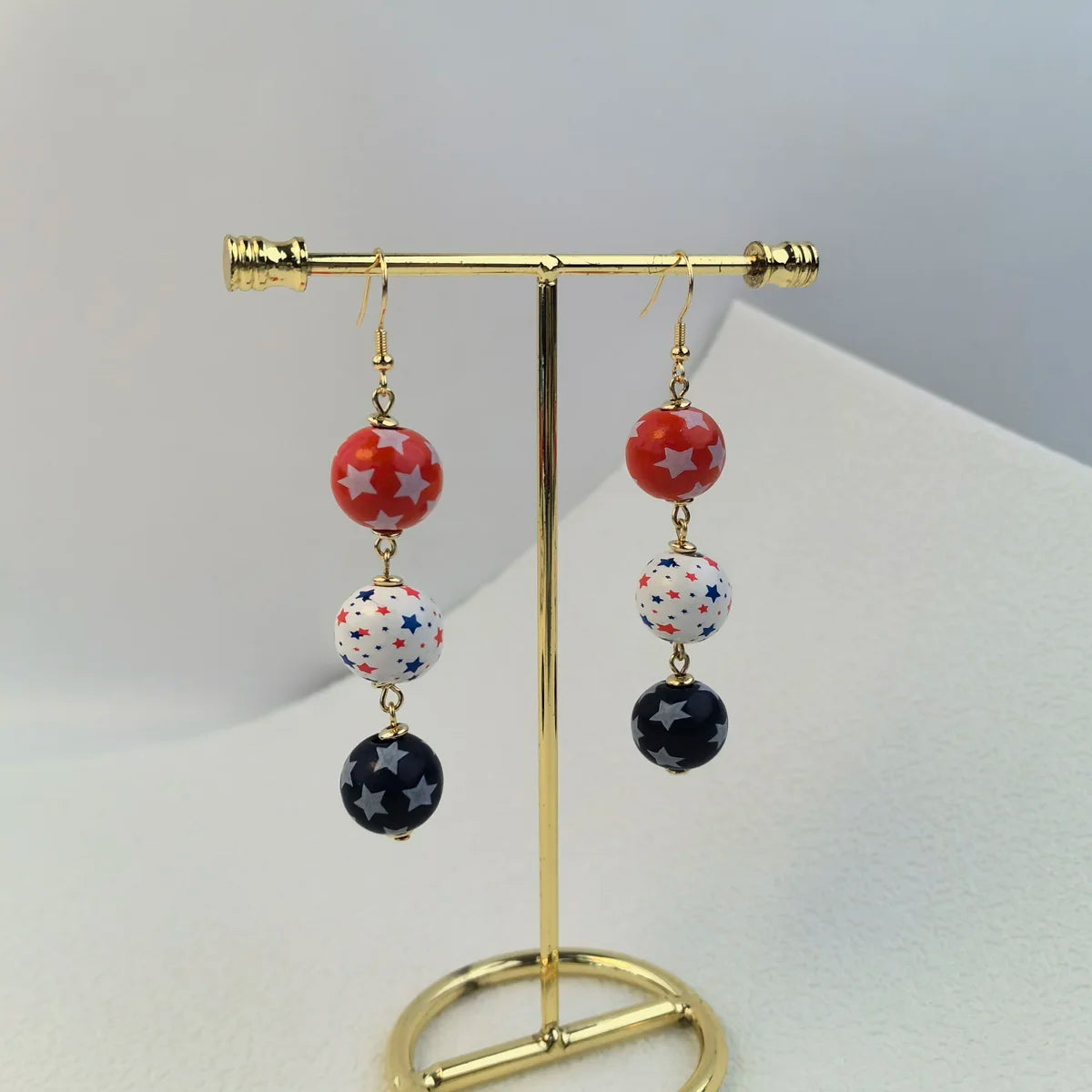 KITI Special Offer USA Flag Star Wooden Bead Dangle Earrings Red White Blue Patriotic Jewelry