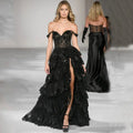 Modern Slimming Black Lace Sequined Satin Ball Gown Luxury Evening Prom Dress V-neck Off-Shoulder Backless Tiered Women Wedding