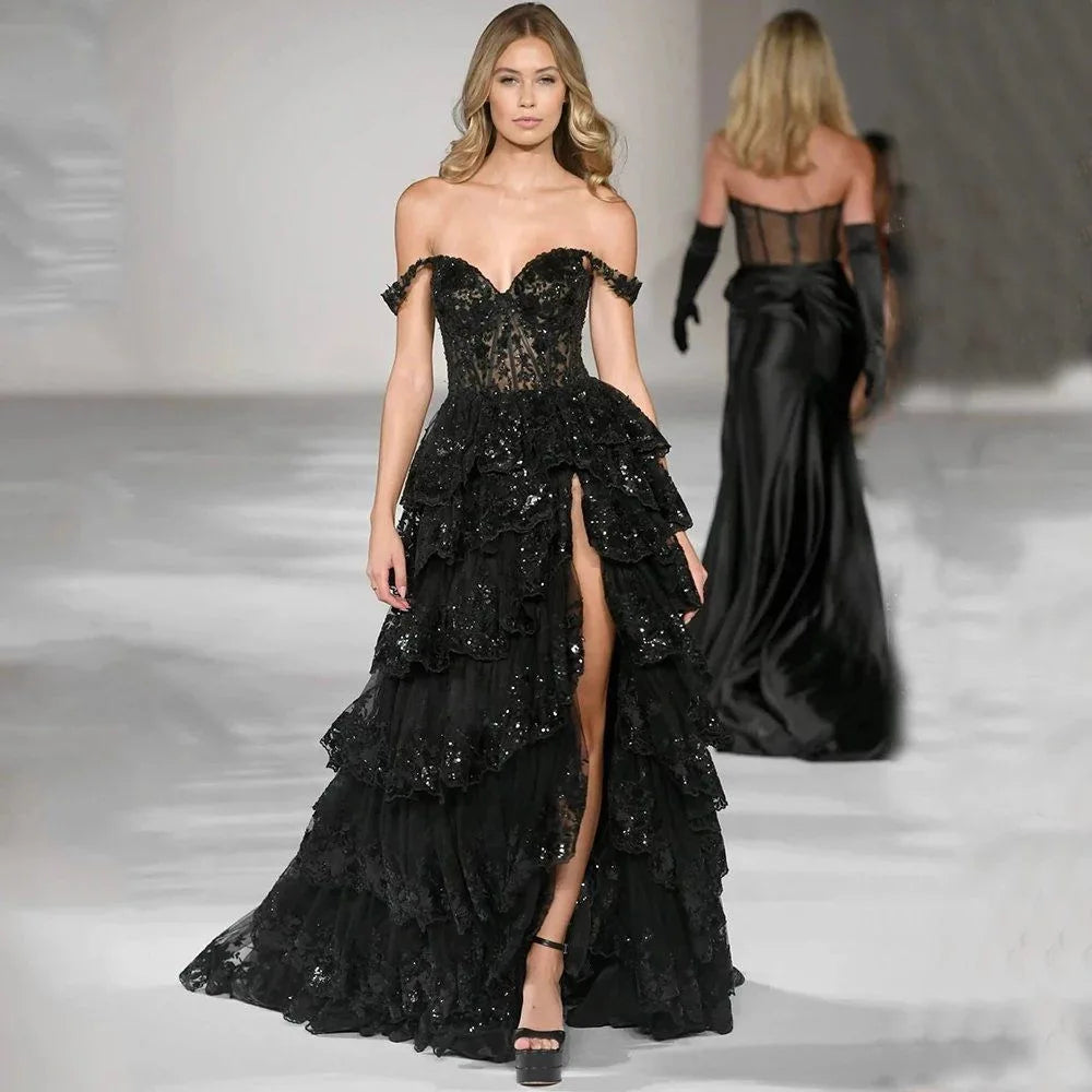 Modern Slimming Black Lace Sequined Satin Ball Gown Luxury Evening Prom Dress V-neck Off-Shoulder Backless Tiered Women Wedding