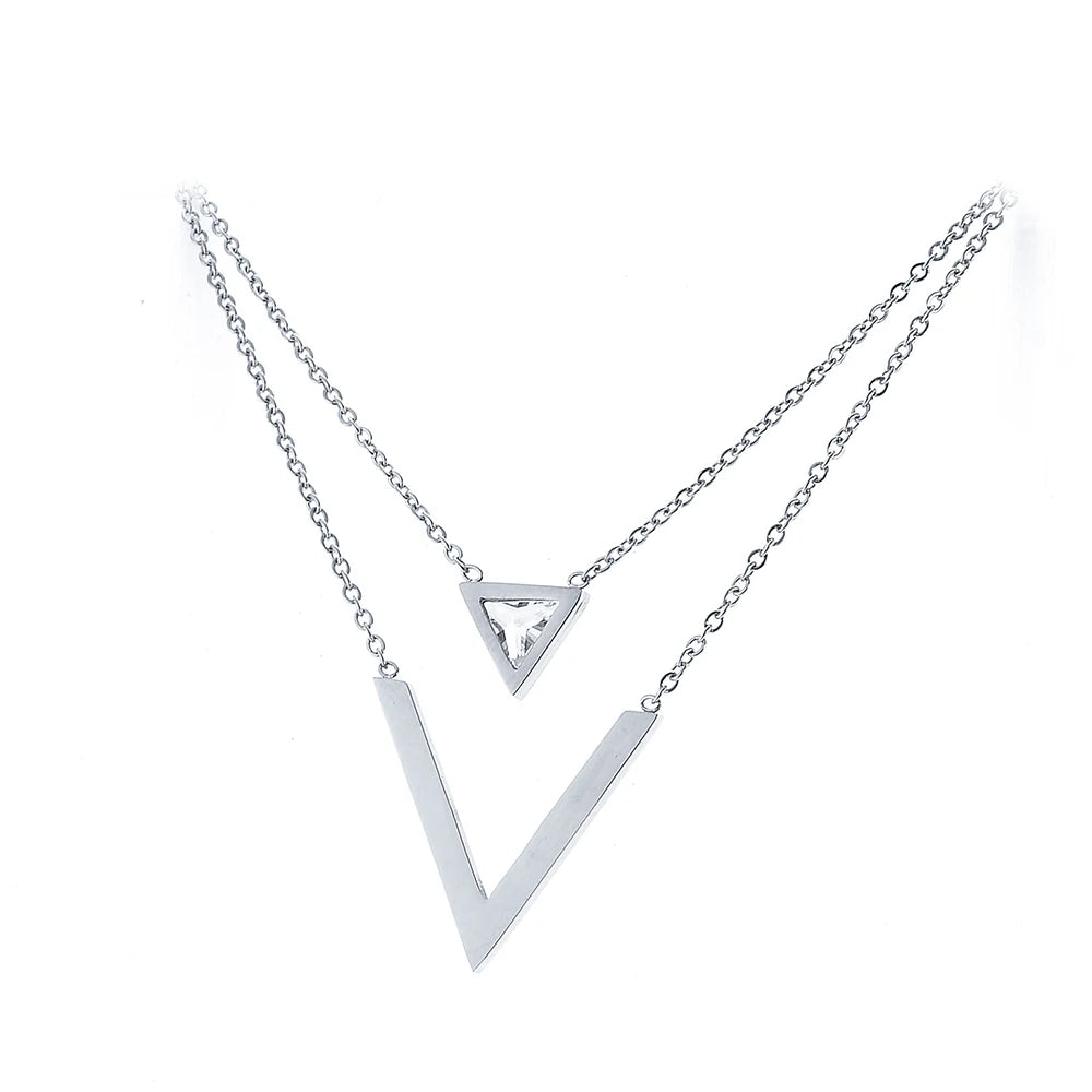 18K Gold Plated Geometric Triangle Pendant Necklace for Women Double Layered Link Chain Stainless Steel Jewelry Trendy Charm