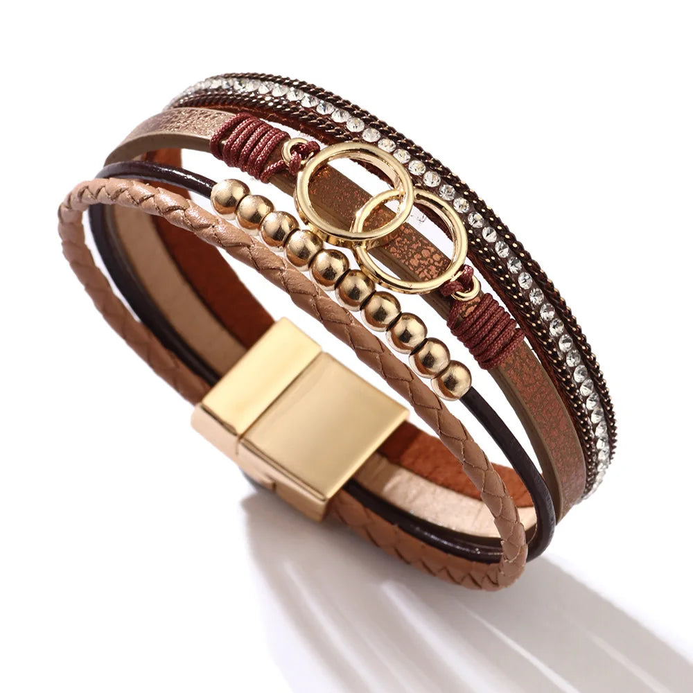MIO Multilayer Leather Wrap Bracelet Boho Gold Beaded Braided Bracelet Women Jewelry Magnetic Clasp PU Leather Cuff Bracelet