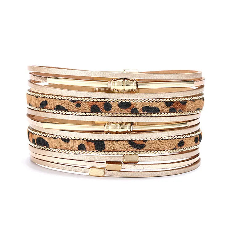 SC European Trendy Autumn Winter Wide Bracelet Women Personalized Magnetic Opening Layered Leopard Leather Bracelets & Bangles