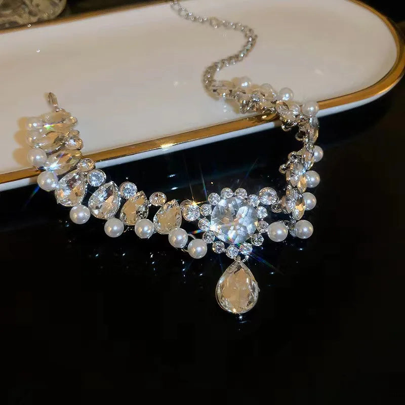 Multi-Layered Pearl Necklace Rhinestone Choker Bling Crystal Layered Chain Dating Birthday Costume Jewelry for Women Girls