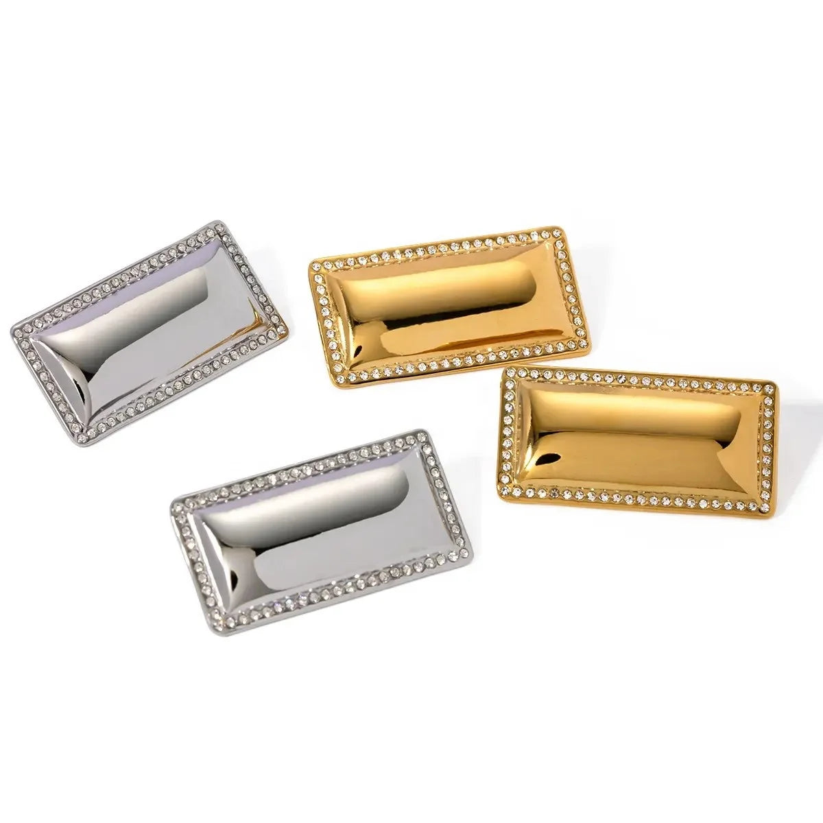 Non Tarnish Fashion Jewelry Gold Stainless Steel Smooth Rectangular Earrings Rhinestones Big Rectangle Stud Earrings for Women