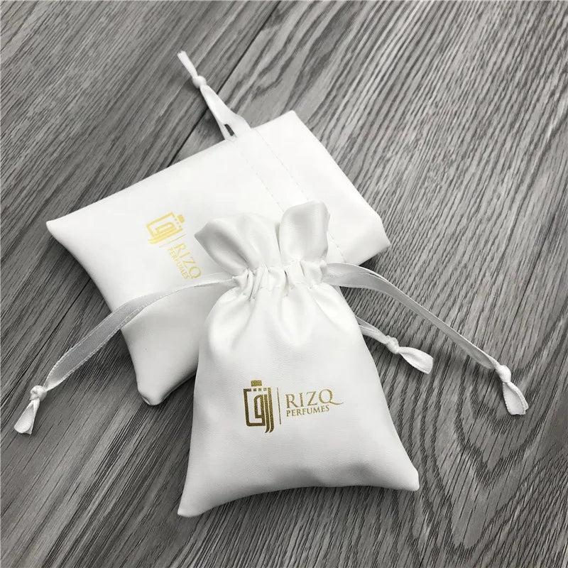 Soft White Leather Pouch for Perfume Bottle PU Drawstring Gift Bag