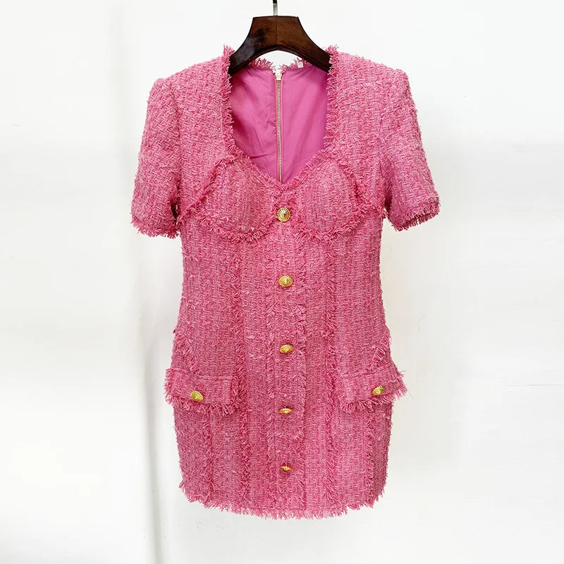 2025 New Autumn Winter French-Style Women's Solid Mini Dress Elegant Design Lion Buttons Fringed Trim O-Neck Short Sleeves
