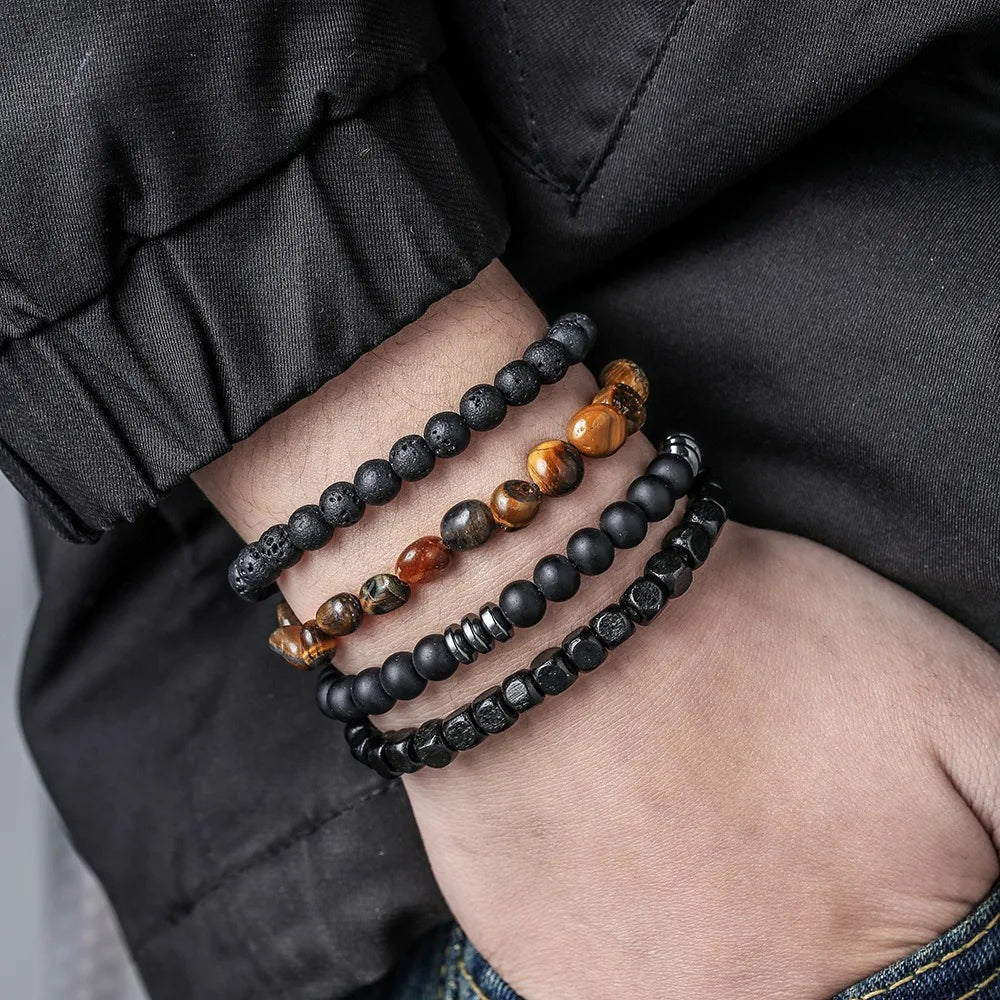 Wholesale Men Black Stone Lava Stone Irregular Tumble Stone Tiger Eye Bracelet Set for Men