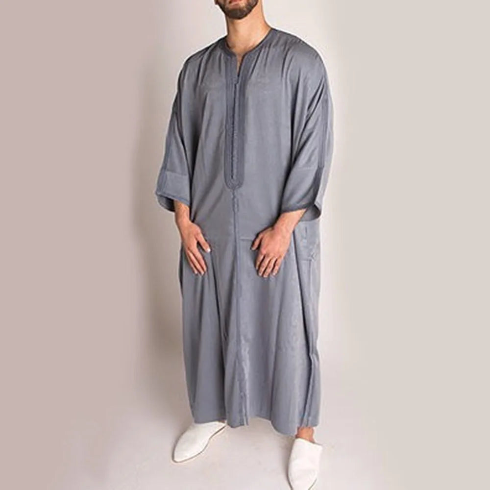 M-4XL New Grey African Ethnic Style Men's Long Shirt Muslim Robe Pullover Robe