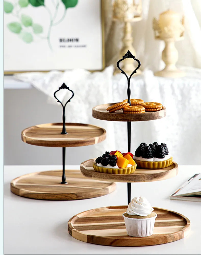 Round Cake Stand Holder Snack Acacia Wood Stand Holder Tiered Tray Decor Wooden Tiered Tray
