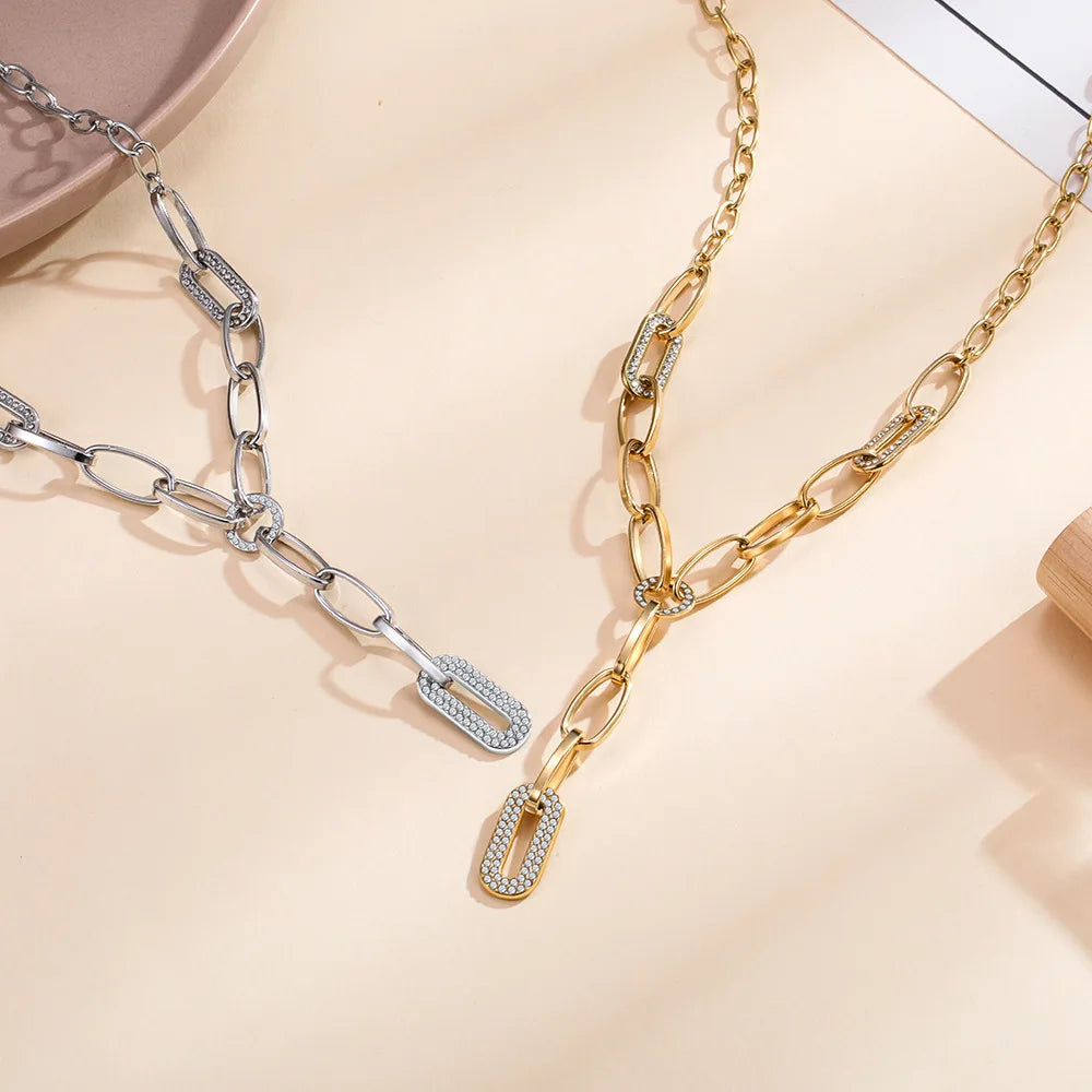 Waterproof Gold Plated Rhinestones Crystal Chains Tassel Choker Necklace Stainless Steel Zircon Link Chains Necklace