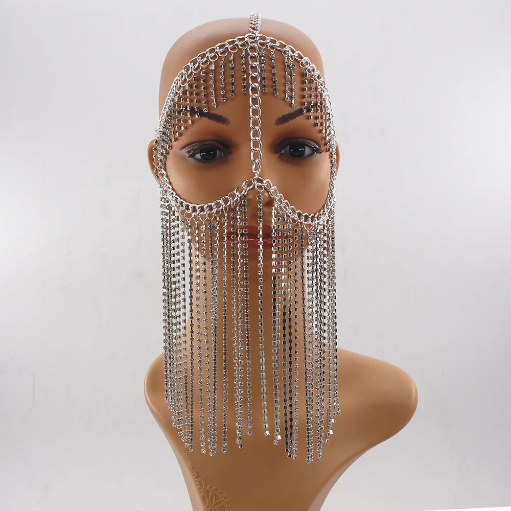 Wholesale Lady Face Mask Tassel Jewelry Rhinestone Long Chain Eye Mask and Head Chain for Women