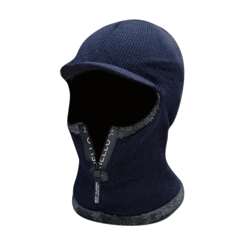 Men Knitted Hats Winter Thickened Plush One Piece Outdoor Cycling Zipper Neck Protection Male Female Woolen Cap