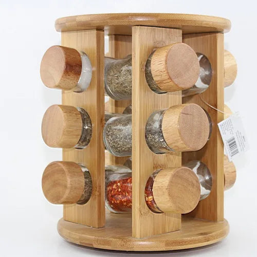 Bamboo Rotating Spice Rack Organizer for Countertop 12-16 Bottles of Rotatable Seasoning Rack Spices Storage Holder