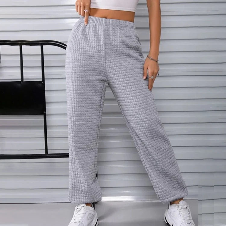 Women Waffle Knit Joggers High Waisted Sweatpants Casual Lounge Pants Gray Thermal Fleece Trousers for Fall with Elastic Waist